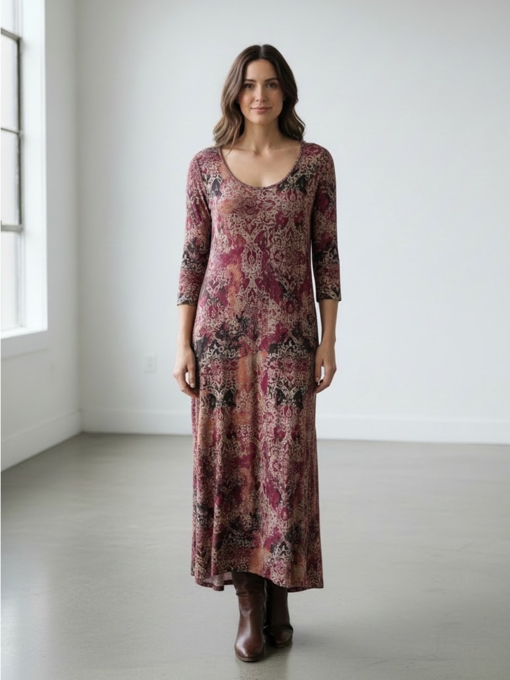 Peruvian Connection Scoop-Neck Maxi Dress in Burgundy Paisley Print